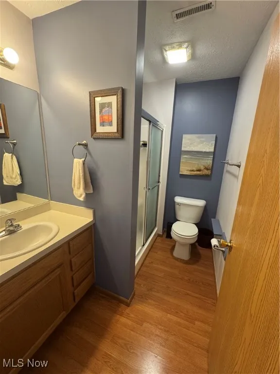Full bath featuring a shower, light wood-style flooring, and vanity