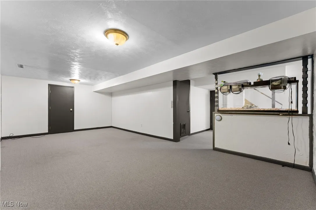 Finished below grade area featuring light colored carpet and a textured ceiling