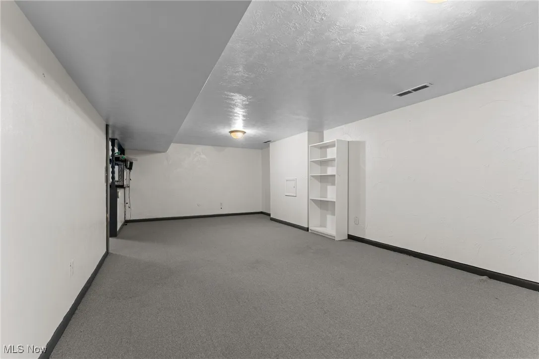Finished basement featuring light colored carpet and a textured ceiling