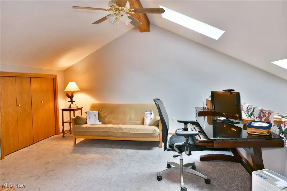 Office area with a skylight, carpet flooring, and a ceiling fan