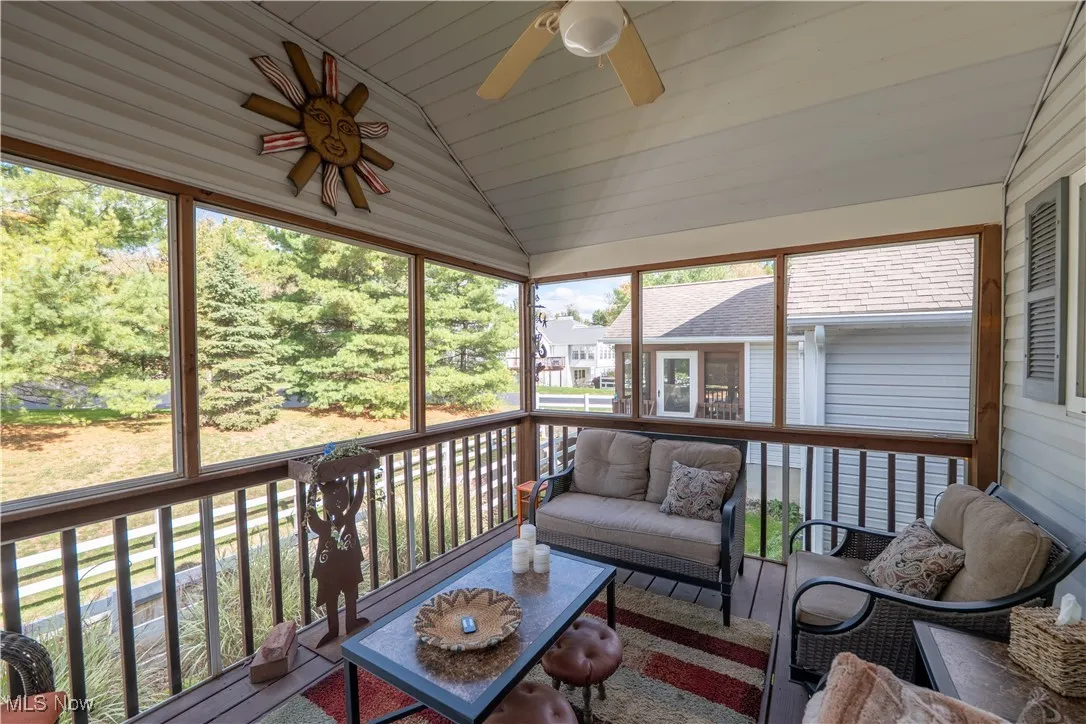 Screened Porch with vaulted ceiling and fan