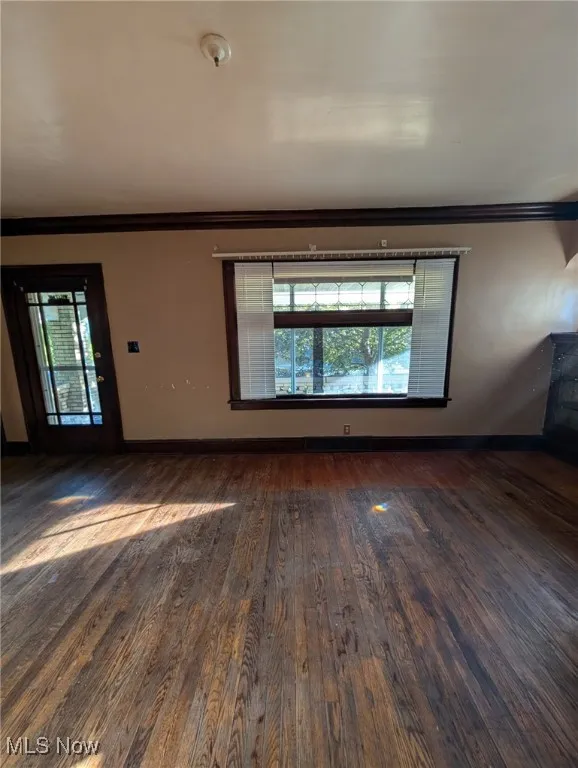 Spare room with ornamental molding and dark wood-style floors