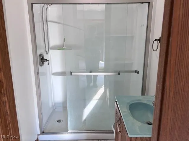 Glass door walk in shower unit with vanity, mirror, an a shelf unit behind the commode.