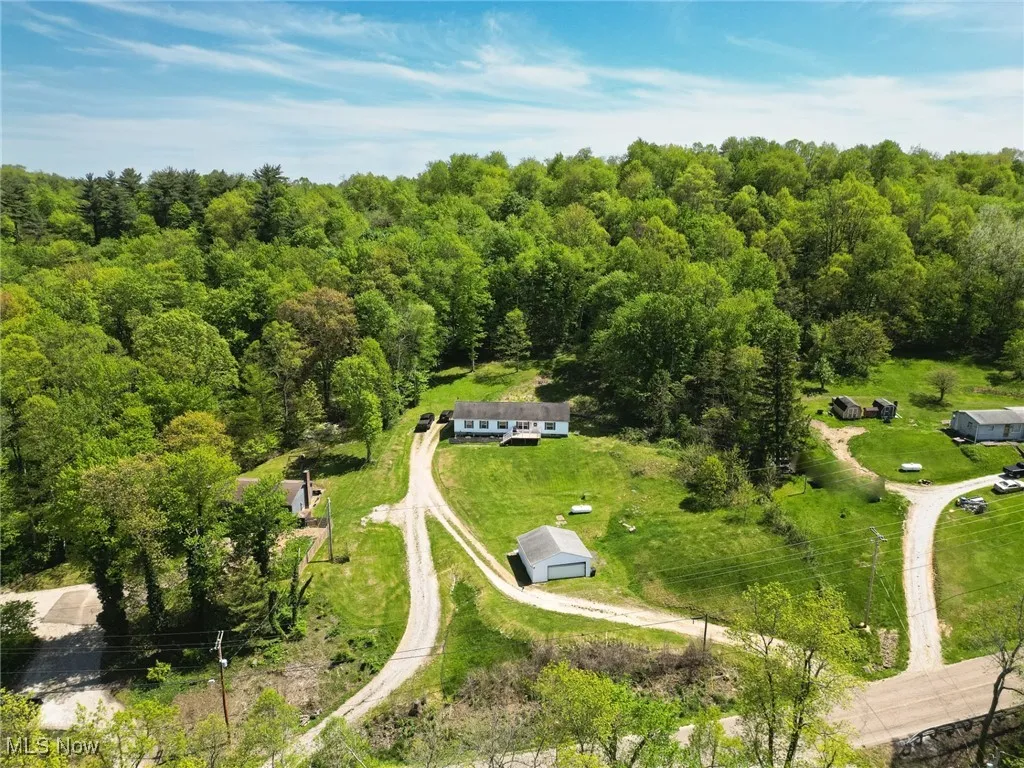 Aerial view of a heavily wooded area