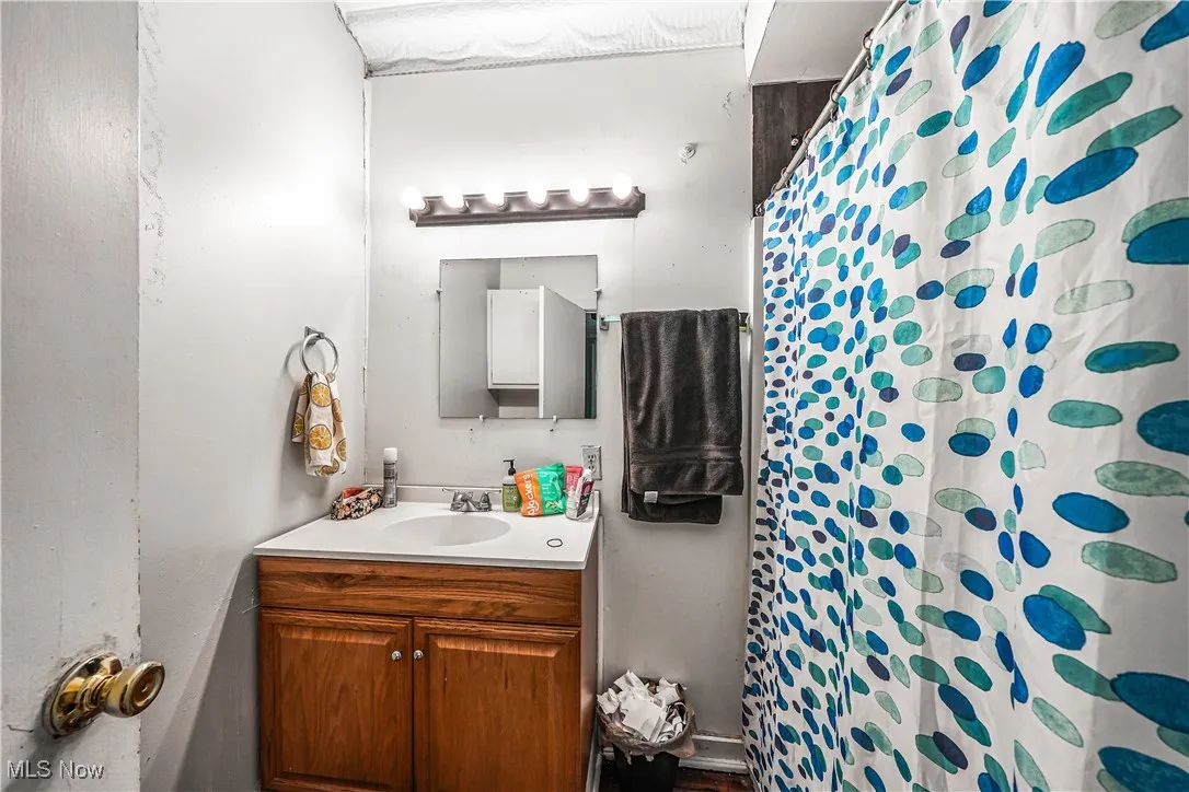 Bathroom featuring vanity and a shower with shower curtain