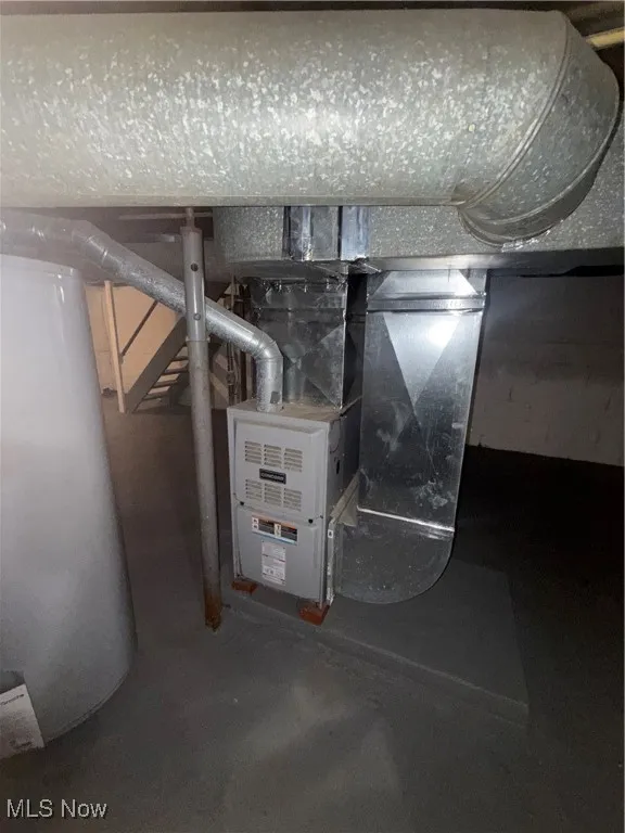 Utility room featuring water heater and heating unit