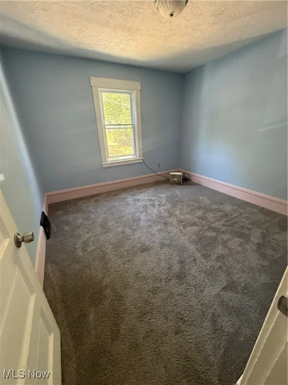 Empty room featuring a textured ceiling and carpet floors