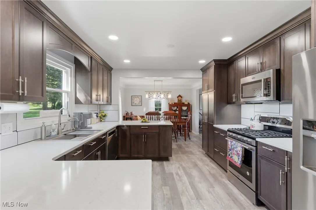 Kitchen with dark brown cabinets, stainless steel appliances, light wood-type flooring, recessed lighting, and a peninsula