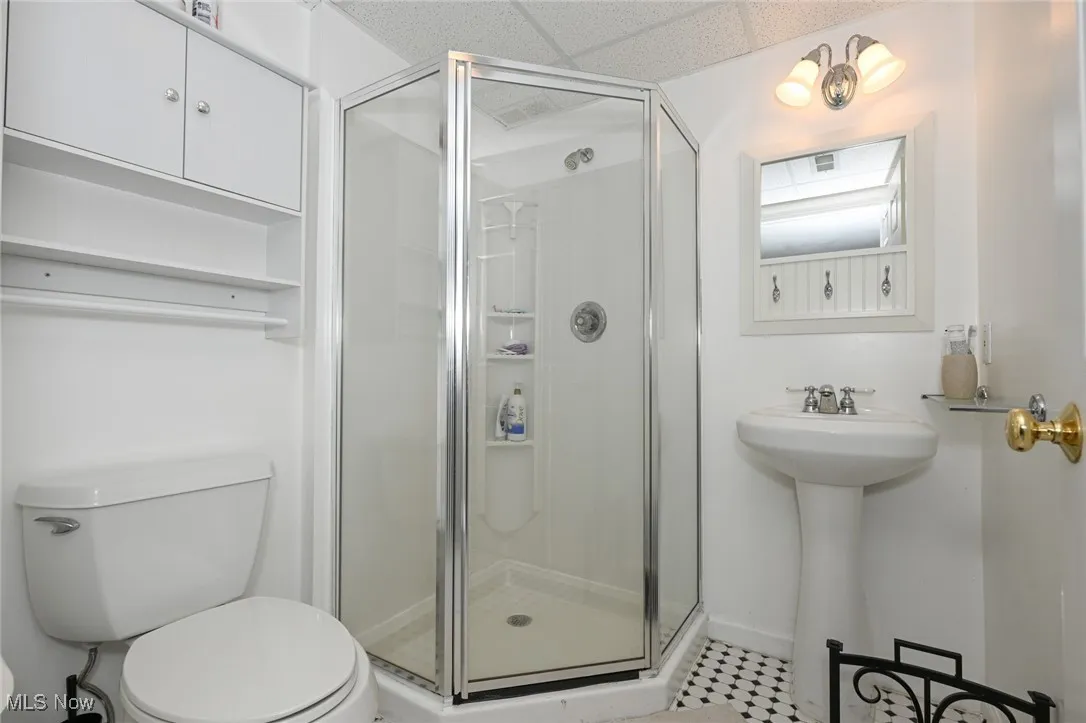 Basement - Full bath featuring a stall shower and a drop ceiling