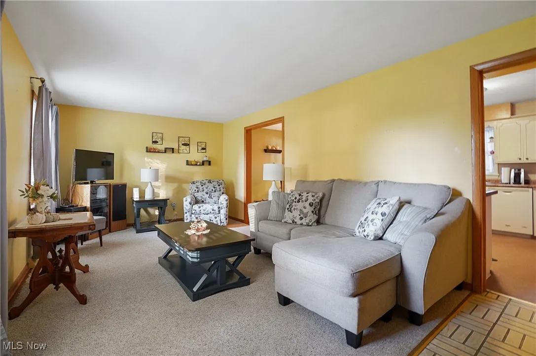 Living area featuring light carpet