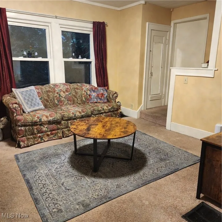 Living room with light carpet and ornamental molding