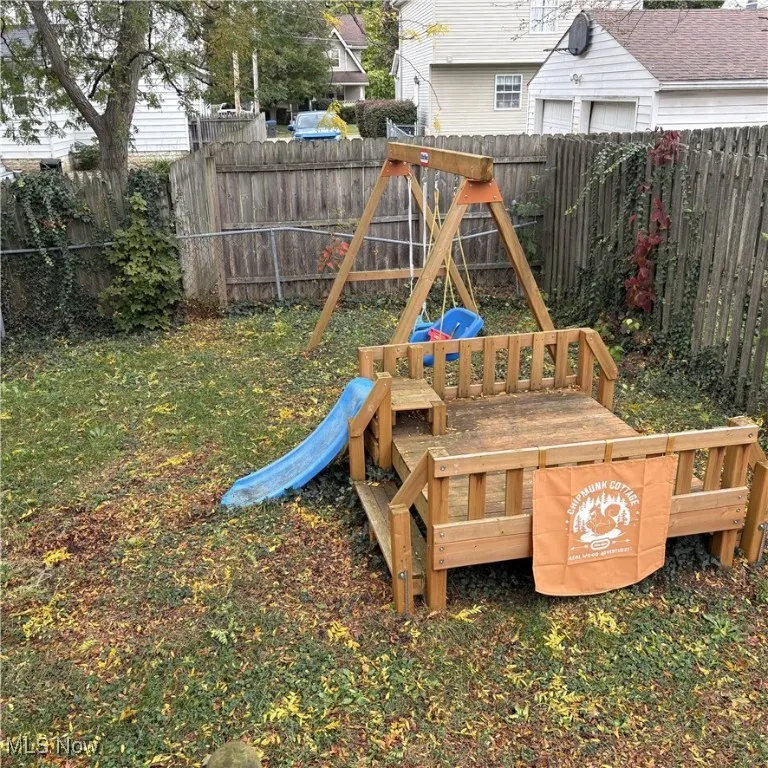 View of play area with a fenced backyard