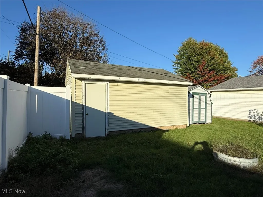 View of shed featuring a fenced backyard