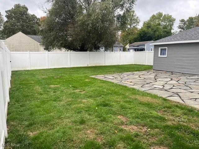Fenced backyard featuring a patio
