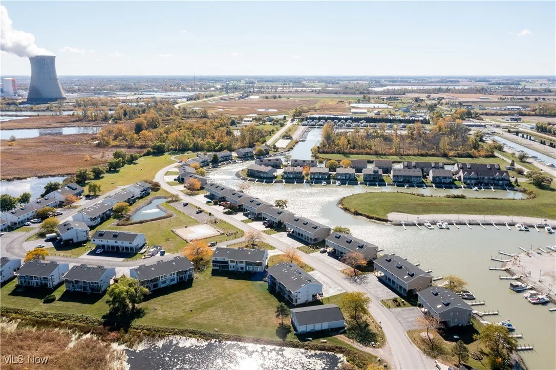 Aerial view of residential area with a large body of water