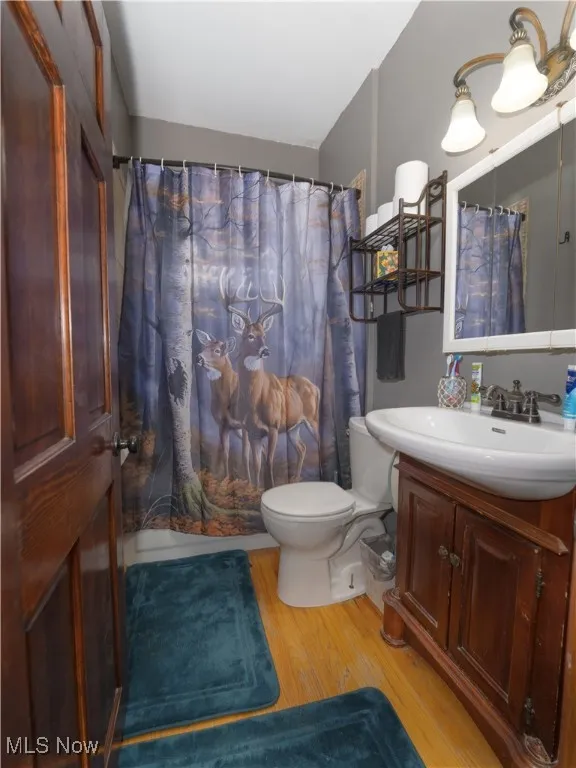 First floor full bathroom featuring wood flooring, vanity, and shower / bath combo