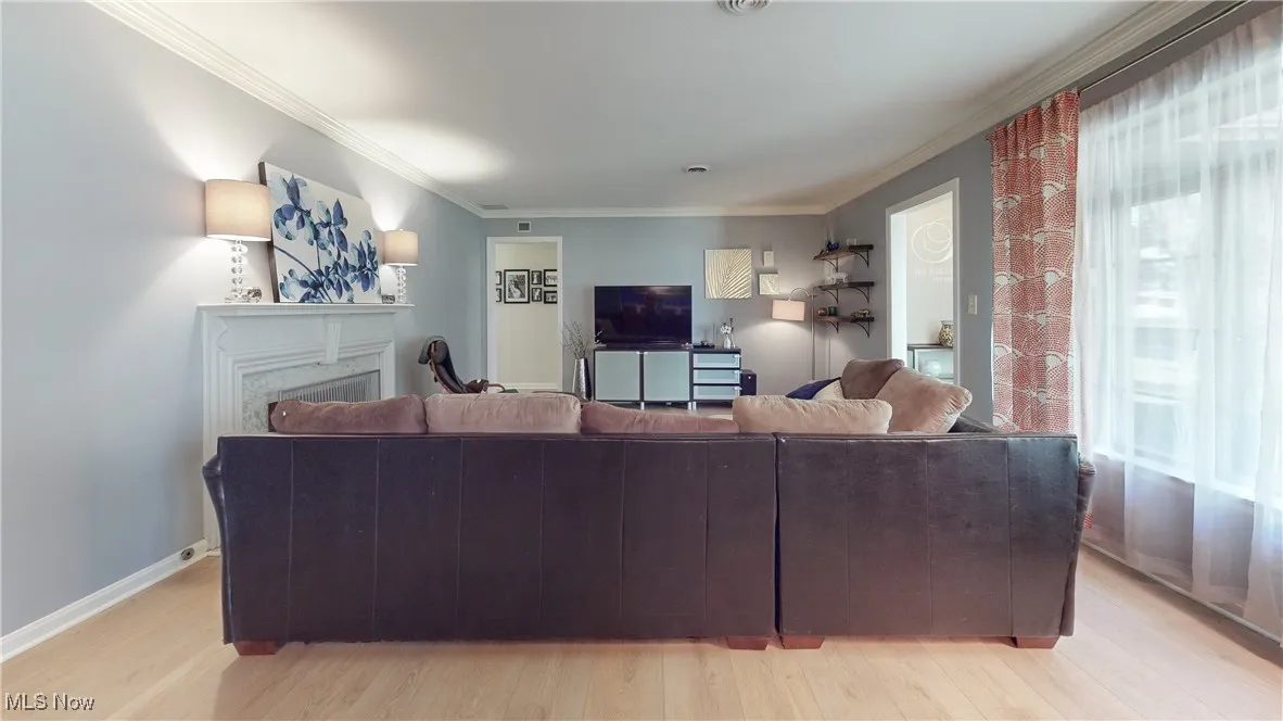 Living area featuring light wood-style flooring, ornamental molding, and a fireplace