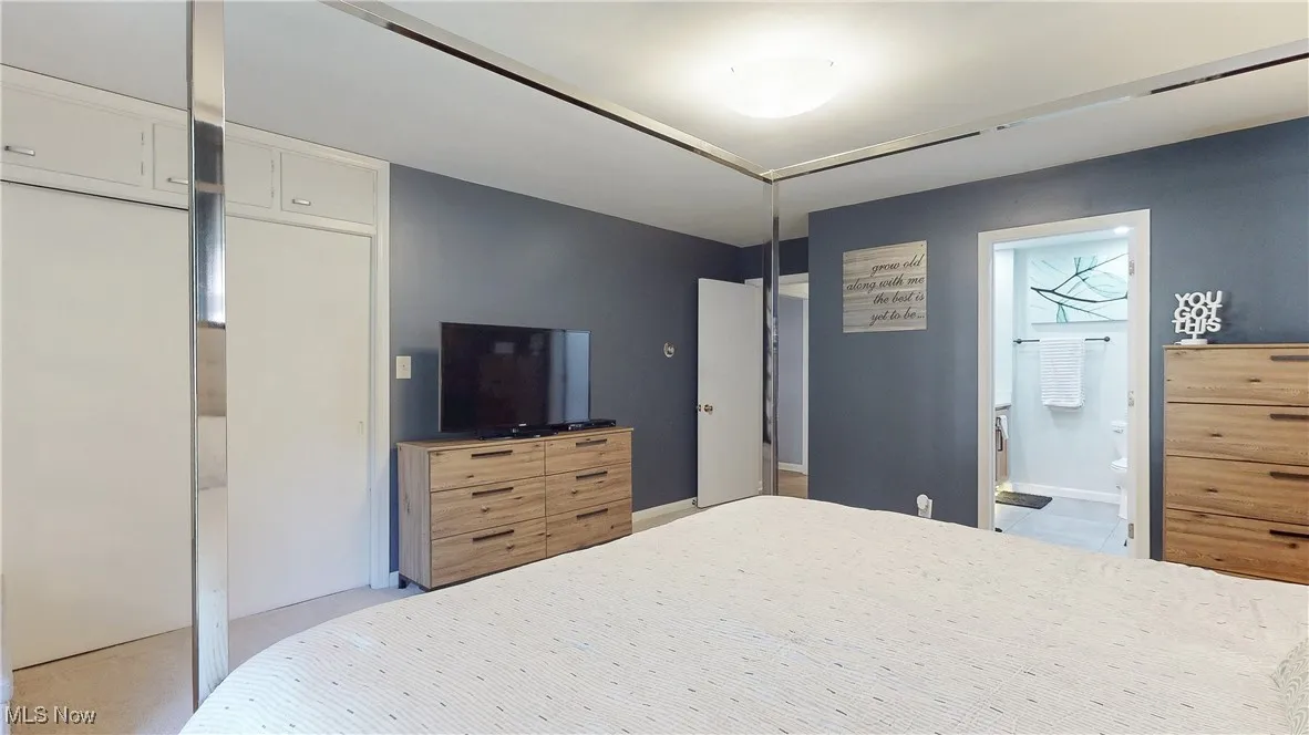 Carpeted bedroom featuring a closet and connected bathroom