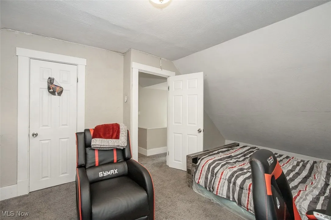 Bedroom featuring lofted ceiling, carpet flooring, and a textured ceiling
