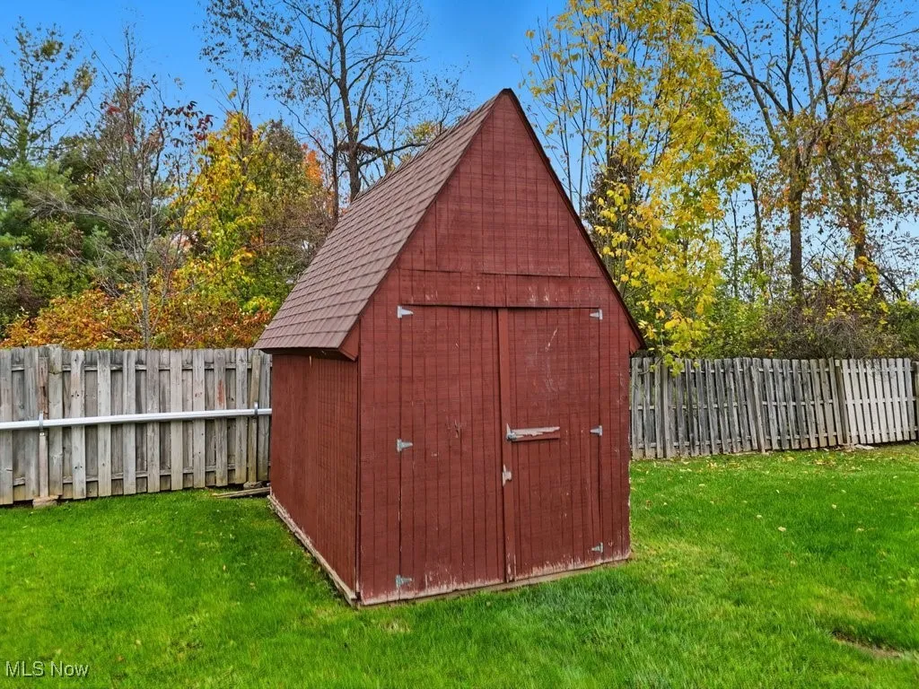 View of shed featuring a fenced backyard