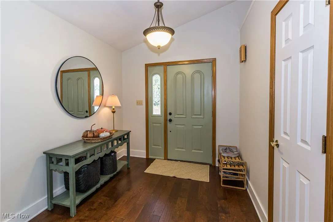Foyer entrance featuring lofted ceiling and dark wood-style flooring