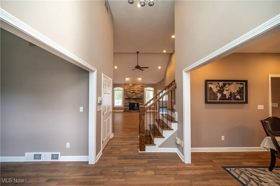 Foyer overlooking the dining, formal living/office and great room