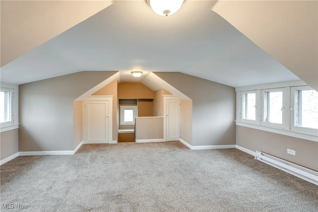 Additional living space featuring light-colored carpet and storage.