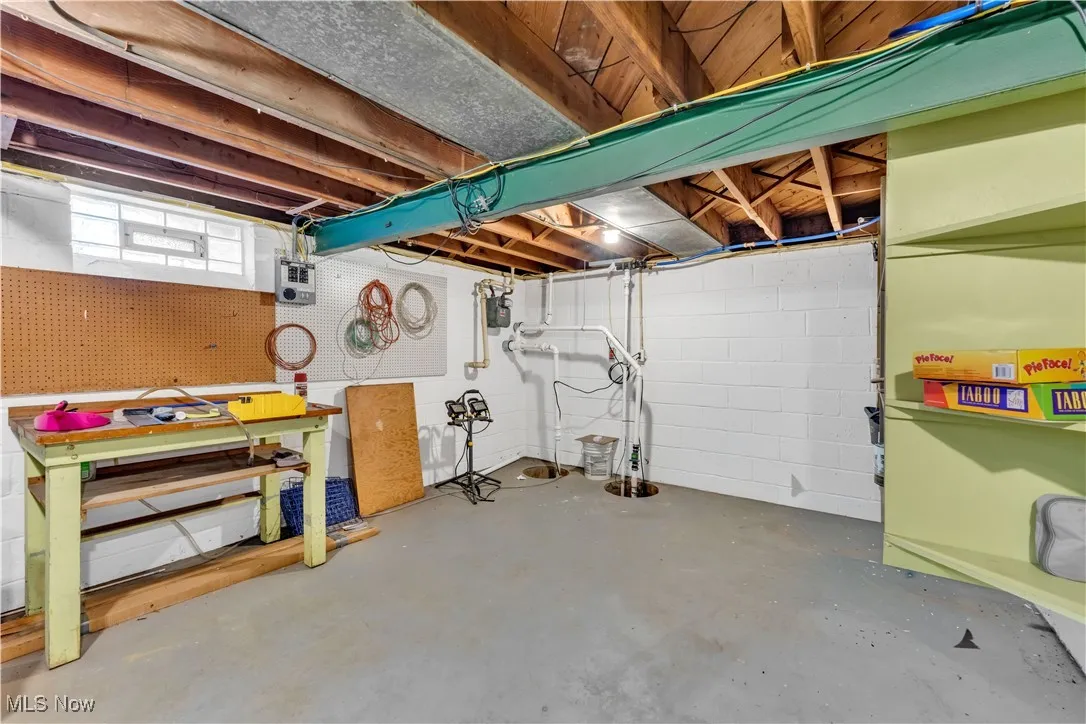 Basement with a workshop area