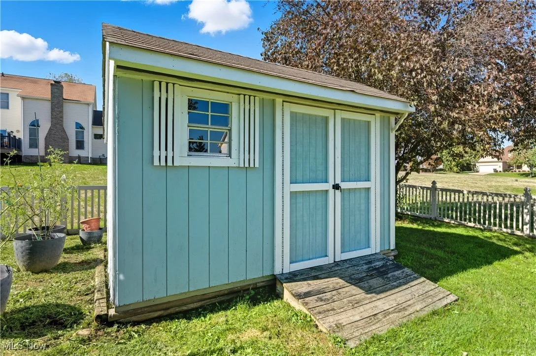 View of shed with a fenced backyard