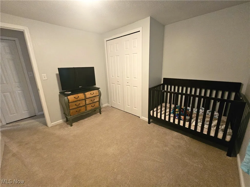 Carpeted bedroom featuring a crib, a closet, and a textured ceiling