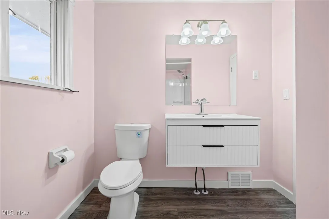 Full bath featuring dark wood-type flooring, vanity, and a shower