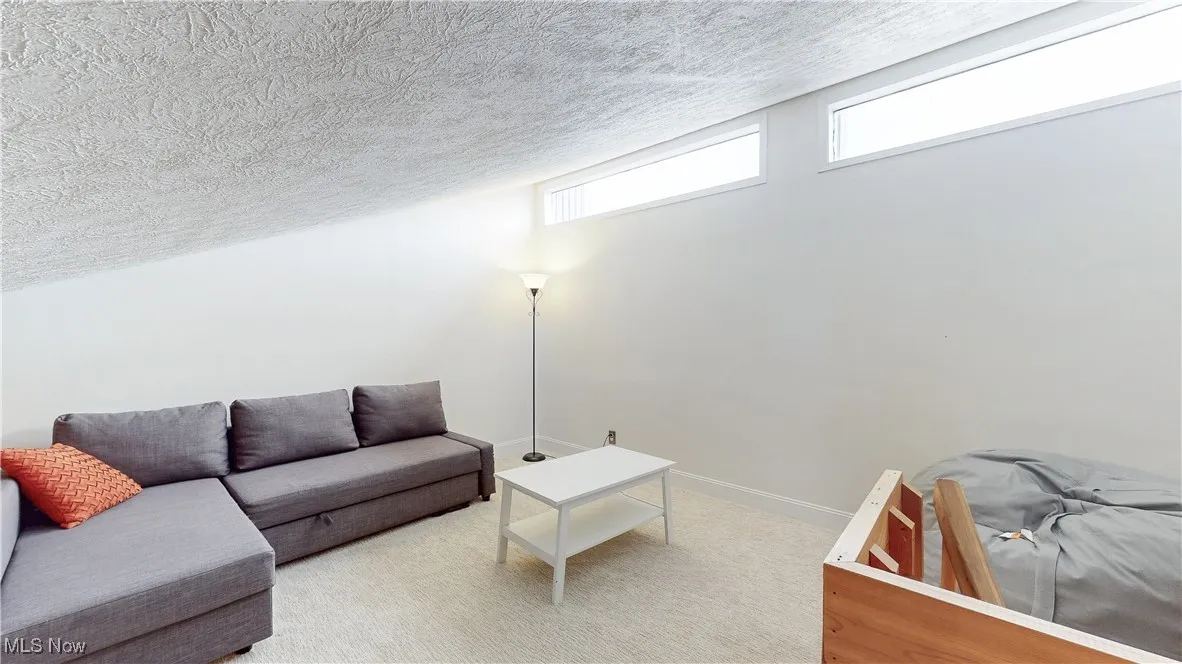 Living area with a textured ceiling and carpet flooring