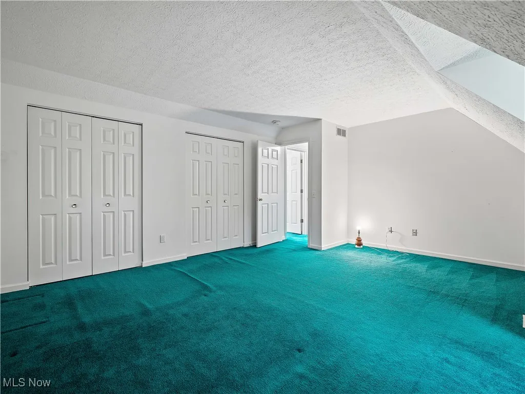 Unfurnished bedroom featuring multiple closets, a textured ceiling, and carpet