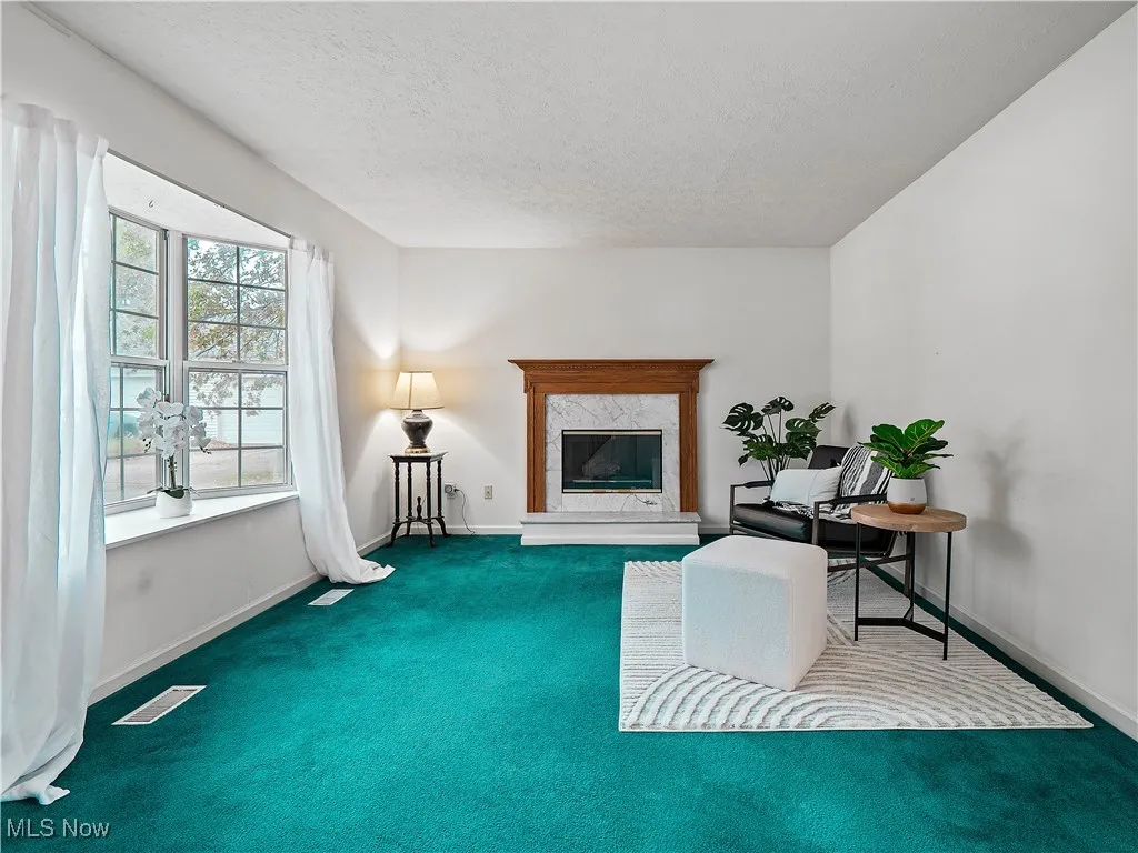Living area with a fireplace, carpet, and a textured ceiling