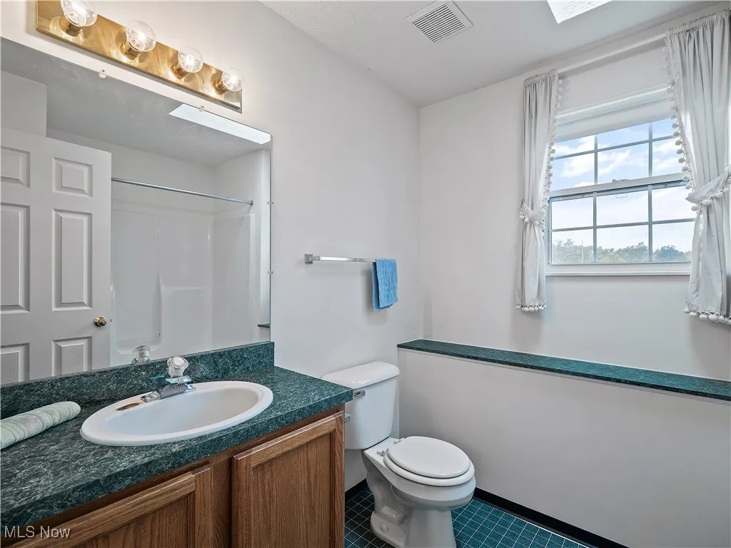 Full bathroom featuring vanity, a shower, tile patterned flooring, and a skylight