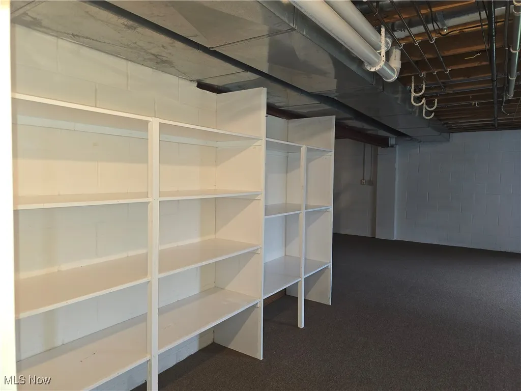 Walk  out basement with built in shelving.