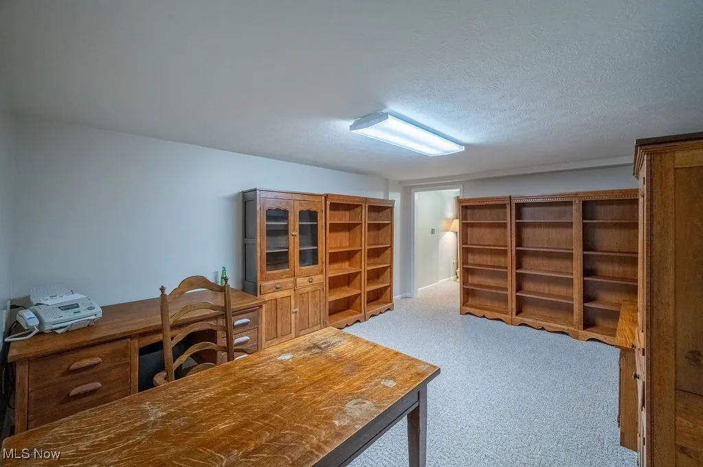 Office area with light colored carpet and a textured ceiling