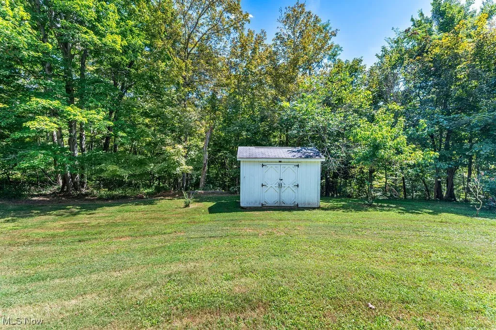 View of grassy yard featuring a shed