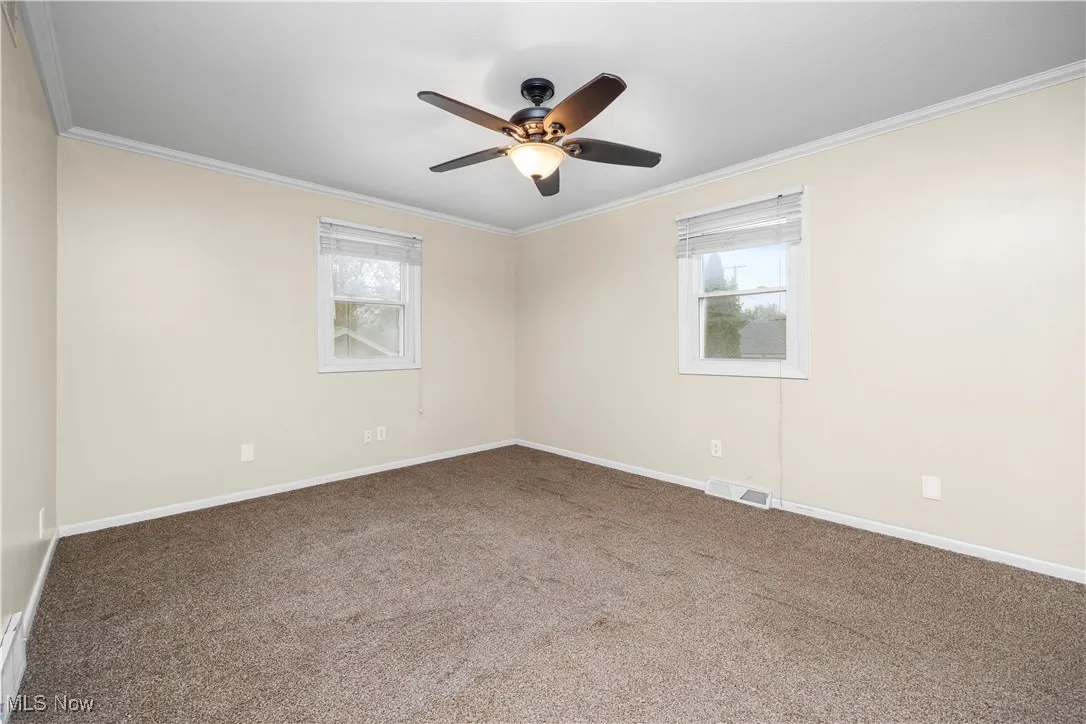 Spare room featuring crown molding, carpet flooring, plenty of natural light, and a ceiling fan