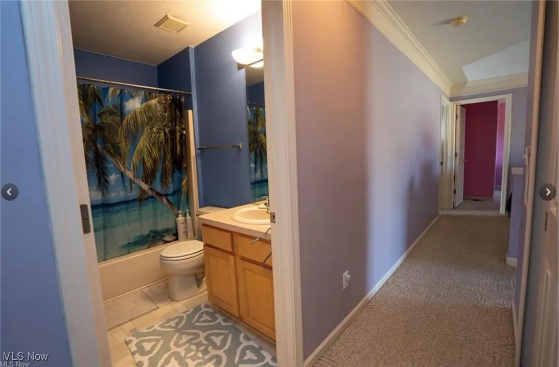 Full bathroom with vanity, light colored carpet, shower / bathtub combination with curtain, and ornamental molding