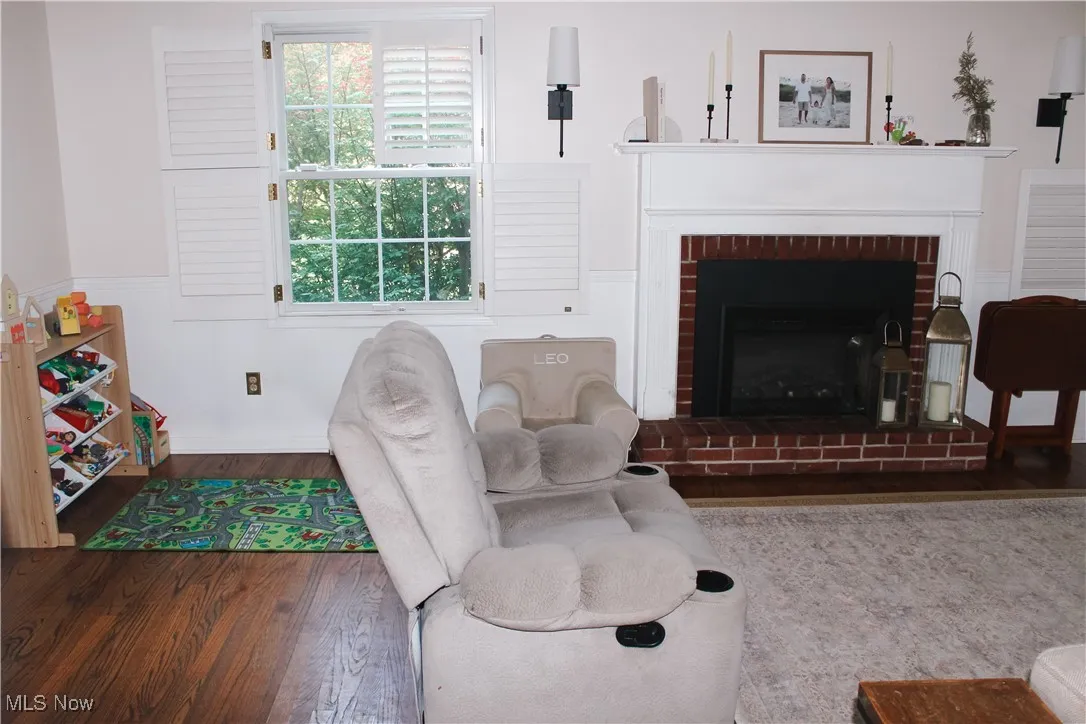 Living room featuring wood finished floors and a fireplace