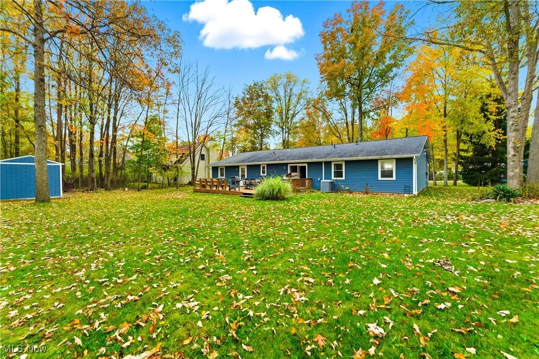 Rear view of property featuring a deck, a yard, and an outdoor structure