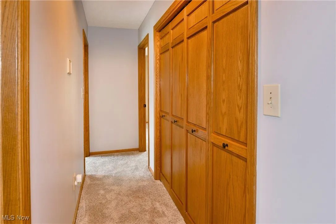 Hall featuring light carpet and baseboards