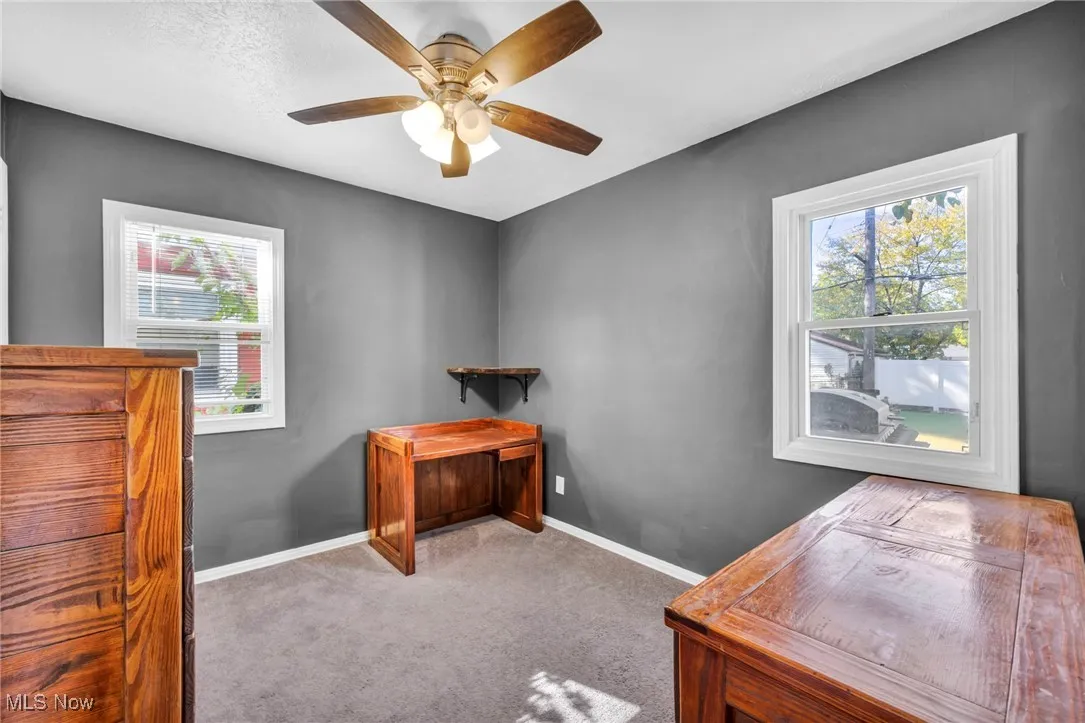 Home office featuring light colored carpet, healthy amount of natural light, and ceiling fan