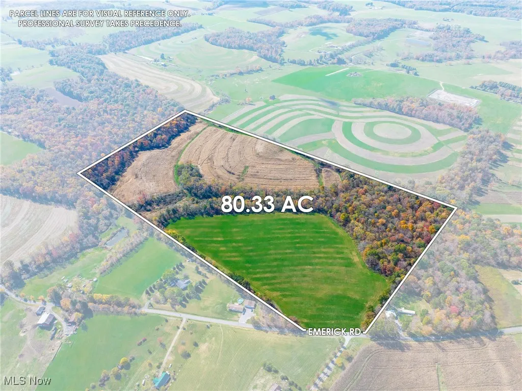 Overview of rural landscape featuring property boundaries highlighted
