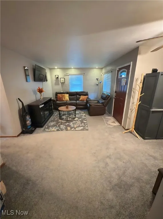 Living area with carpet flooring