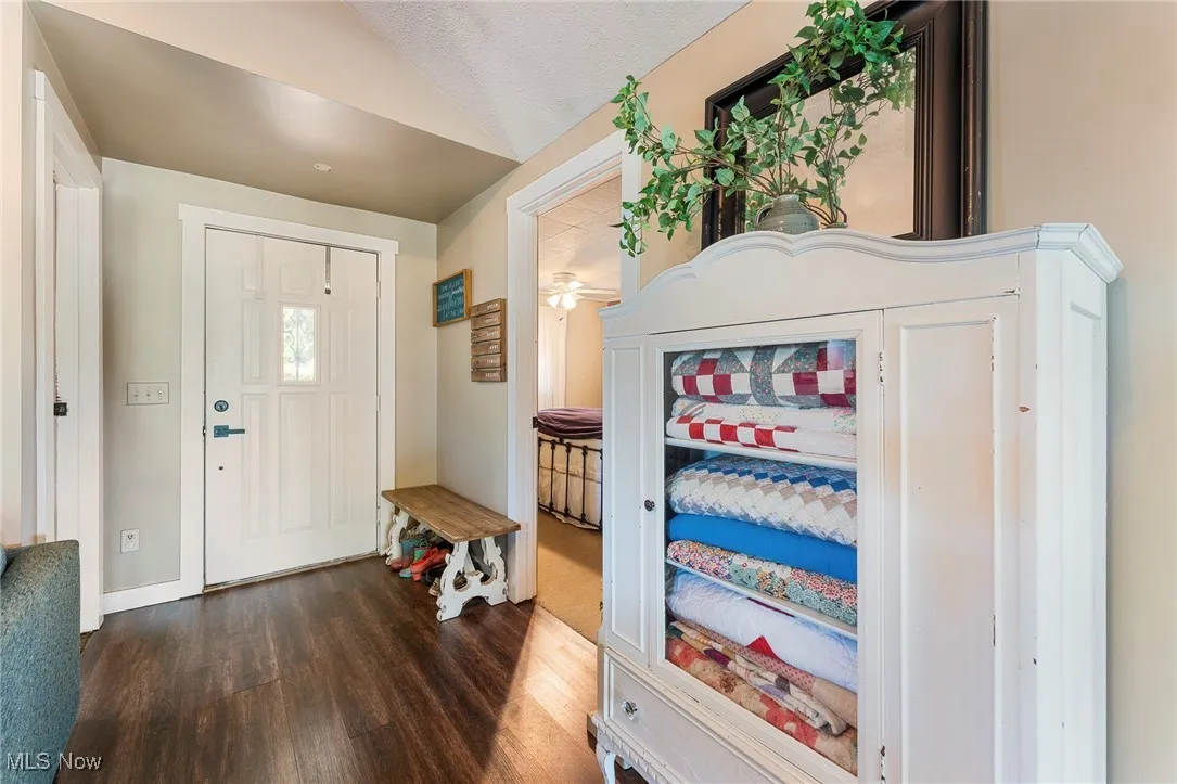 Entryway with dark wood-type flooring and vaulted ceiling