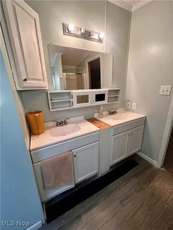 Full bathroom with a shower stall, ornamental molding, dark wood-type flooring, and vanity