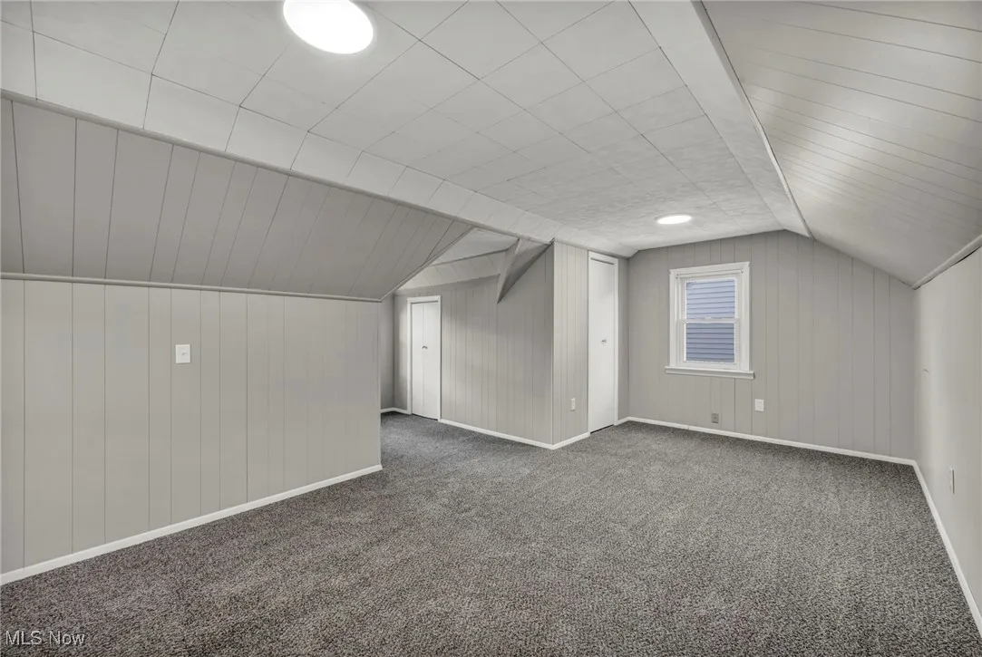 Bonus room featuring vaulted ceiling, wood walls, and carpet