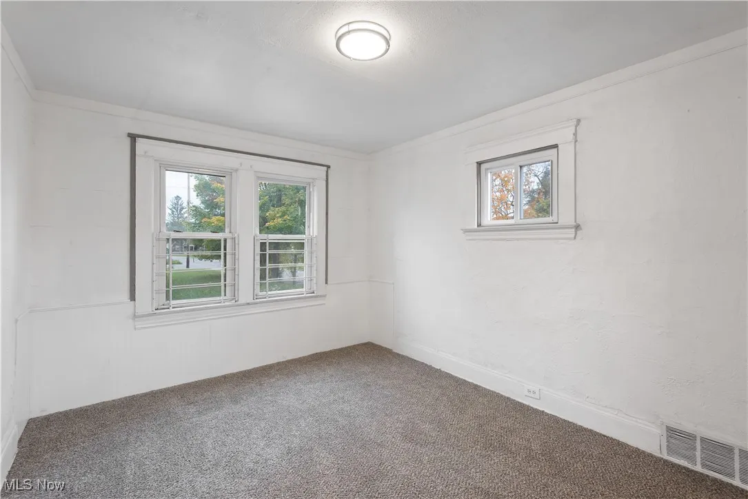 Carpeted spare room with ornamental molding